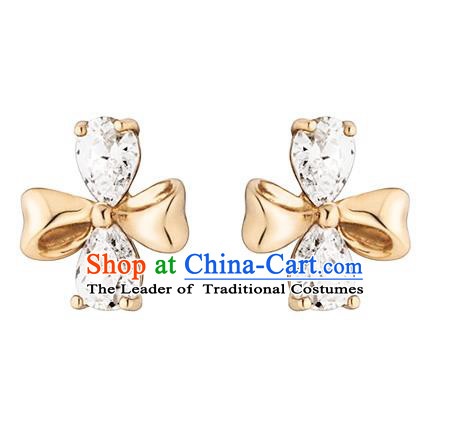 Traditional Korean Accessories 14K Gold Crystal Bowknot Earrings for Women
