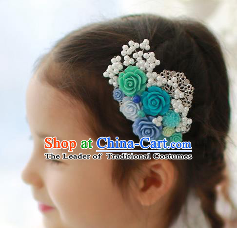 Traditional Korean Hair Accessories Blue Flowers Hair Claw, Asian Korean Hanbok Fashion Headwear Hair Stick for Kids