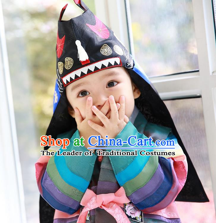 Traditional Korean Hair Accessories Prince Embroidered Black Hats, Asian Korean Fashion Headwear for Boys