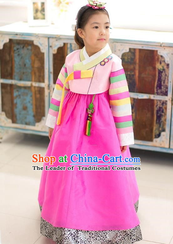Asian Korean National Traditional Handmade Formal Occasions Girls Embroidery Hanbok Costume Pink Blouse and Rosy Dress Complete Set for Kids