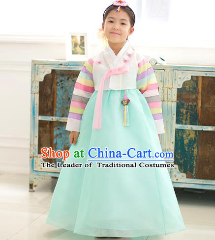 Asian Korean National Traditional Handmade Formal Occasions Girls Embroidery Hanbok Costume White Blouse and Green Dress Complete Set for Kids