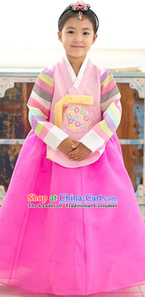 Asian Korean National Traditional Handmade Formal Occasions Girls Embroidery Hanbok Costume Pink Blouse and Dress Complete Set for Kids