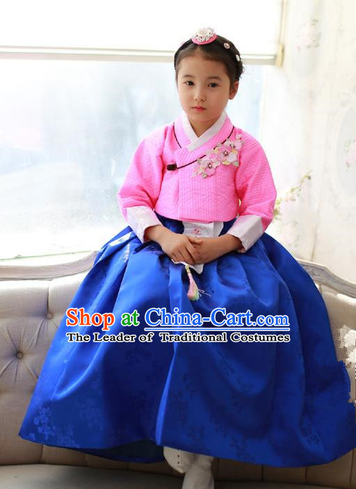 Korean National Handmade Formal Occasions Girls Embroidery Hanbok Costume Pink Blouse and Blue Dress Complete Set for Kids