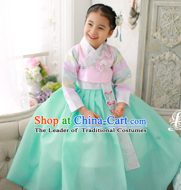 Korean National Handmade Formal Occasions Girls Embroidery Hanbok Costume Pink Blouse and Green Dress for Kids