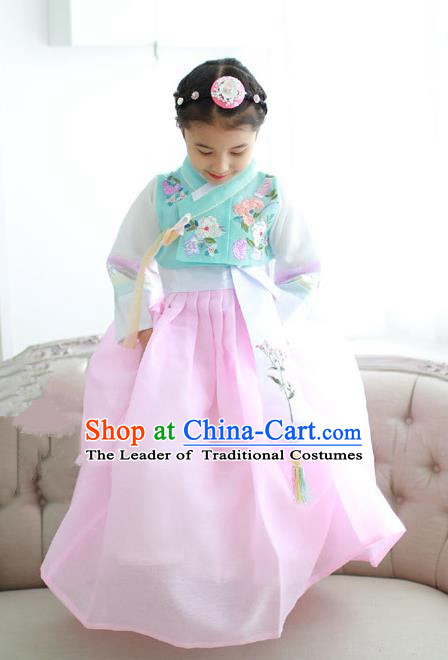 Korean National Handmade Formal Occasions Girls Hanbok Costume Embroidery Green Blouse and Pink Dress for Kids
