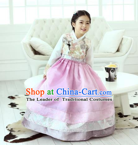 Traditional Korean National Handmade Formal Occasions Girls Hanbok Costume Embroidered Blouse and Pink Dress for Kids