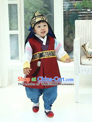 Asian Korean National Traditional Handmade Formal Occasions Boys Embroidery Red Hanbok Costume Complete Set for Kids