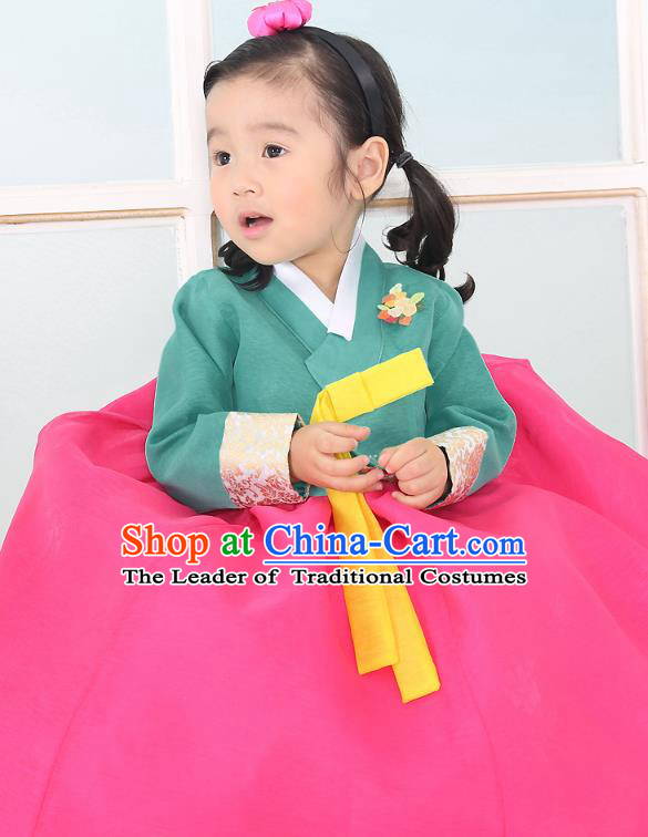 Traditional Korean National Handmade Formal Occasions Embroidered Green Blouse and Rosy Dress Girls Palace Hanbok Costume for Kids
