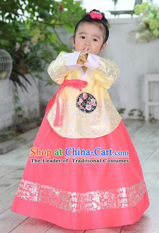 Traditional Korean National Handmade Formal Occasions Embroidered Yellow Blouse and Pink Dress Girls Palace Hanbok Costume for Kids