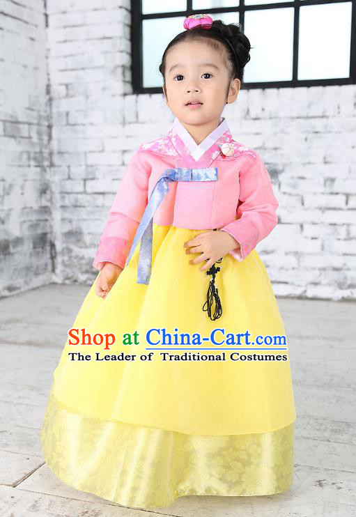 Traditional Korean National Handmade Formal Occasions Embroidered Pink Blouse and Yellow Dress Girls Palace Hanbok Costume for Kids