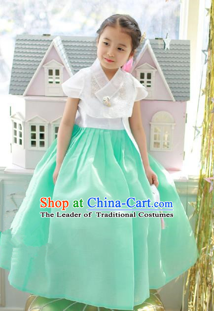 Korean National Handmade Formal Occasions Embroidered White Blouse and Green Dress, Asian Korean Girls Palace Hanbok Costume for Kids