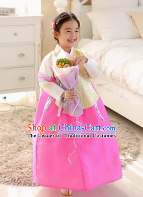 Korean National Handmade Formal Occasions Embroidered Yellow Blouse and Pink Dress, Asian Korean Girls Palace Hanbok Costume for Kids