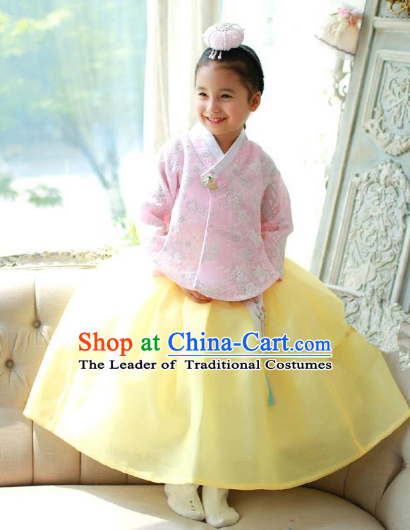 Korean National Handmade Formal Occasions Embroidered Pink Blouse and Yellow Dress, Asian Korean Girls Palace Hanbok Costume for Kids