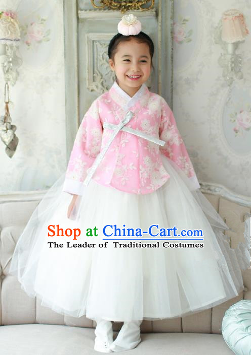 Korean National Handmade Formal Occasions Embroidered Pink Blouse and White Dress, Asian Korean Girls Palace Hanbok Costume for Kids