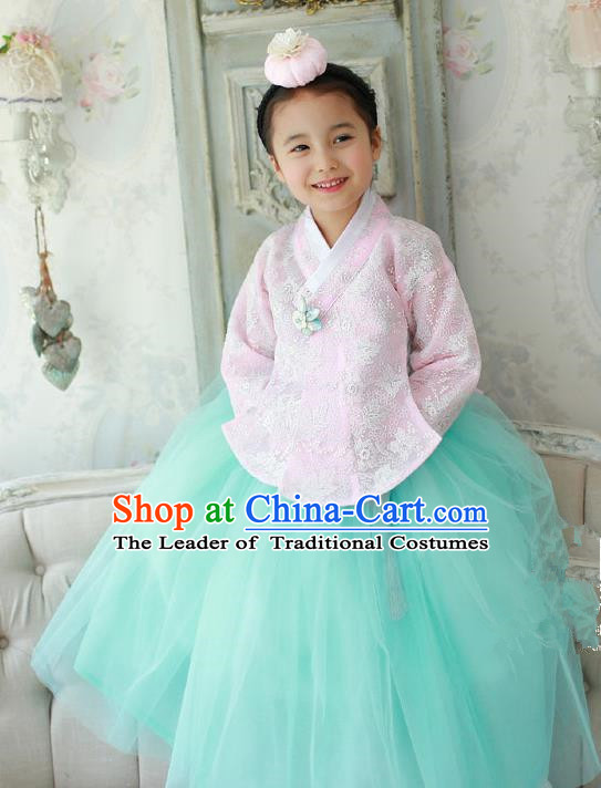 Korean National Handmade Formal Occasions Embroidered Pink Lace Blouse and Green Dress, Asian Korean Girls Palace Hanbok Costume for Kids