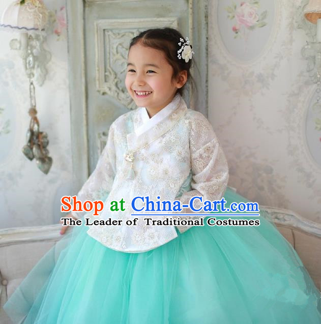 Korean National Handmade Formal Occasions Embroidered White Lace Blouse and Green Dress, Asian Korean Girls Palace Hanbok Costume for Kids