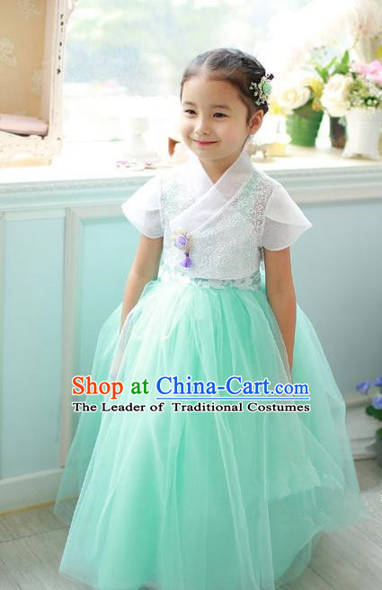Korean National Handmade Formal Occasions Embroidered White Lace Blouse and Green Dress, Asian Korean Girls Palace Hanbok Costume for Kids