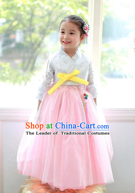 Korean National Handmade Formal Occasions Embroidered White Blouse and Pink Veil Dress, Asian Korean Girls Palace Hanbok Costume for Kids