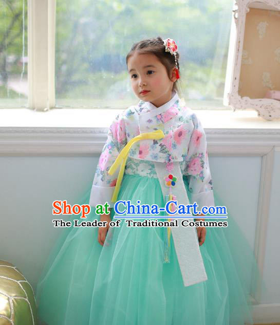 Korean National Handmade Formal Occasions Printing Blouse and Green Veil Dress, Asian Korean Girls Palace Hanbok Costume for Kids