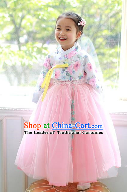 Korean National Handmade Formal Occasions Printing Blouse and Pink Veil Dress, Asian Korean Girls Palace Hanbok Costume for Kids