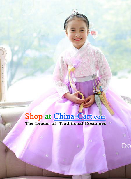 Korean National Handmade Formal Occasions Embroidered Pink Blouse and Purple Dress, Asian Korean Girls Palace Hanbok Costume for Kids