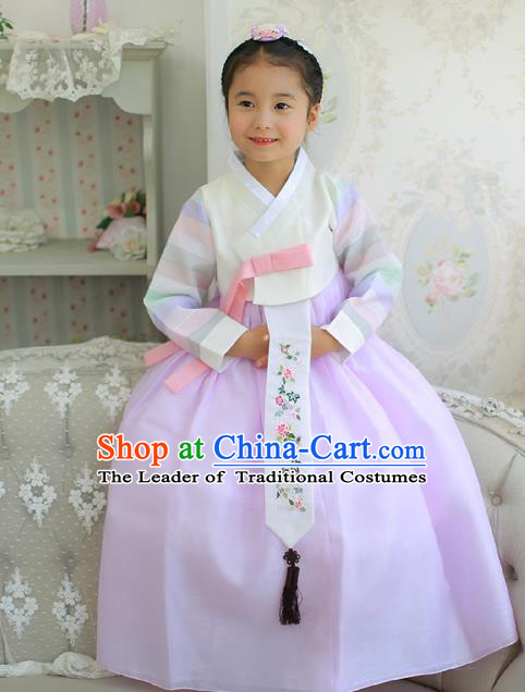 Korean National Handmade Formal Occasions Embroidered White Blouse and Purple Dress Hanbok Costume for Kids