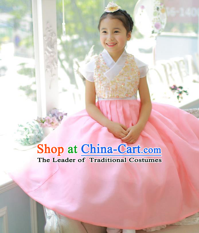 Asian Korean National Handmade Formal Occasions Embroidered Beige Blouse and Pink Dress Hanbok Costume for Kids