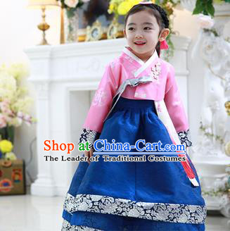 Korean National Handmade Formal Occasions Embroidered Pink Blouse and Blue Dress, Asian Korean Girls Palace Hanbok Costume for Kids