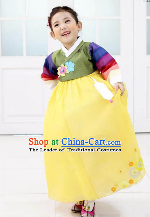 Korean National Handmade Formal Occasions Embroidered Green Blouse and Yellow Dress, Asian Korean Girls Palace Hanbok Costume for Kids