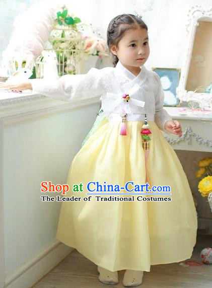 Asian Korean National Handmade Formal Occasions Embroidered White Blouse and Yellow Dress Hanbok Costume for Kids