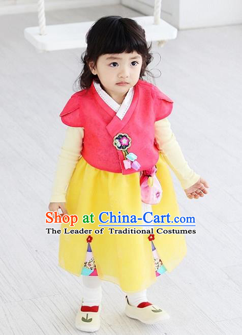 Asian Korean National Handmade Formal Occasions Embroidered Pink Blouse and Yellow Dress Hanbok Costume for Kids