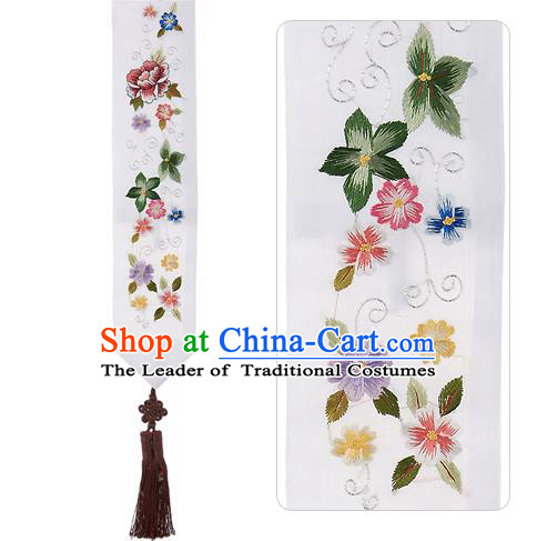 Asian Korean Embroidered Flowers White Waist Decorations, Korean National Belts Accessories Bride Wedding Hanbok Waist Pendant for Women