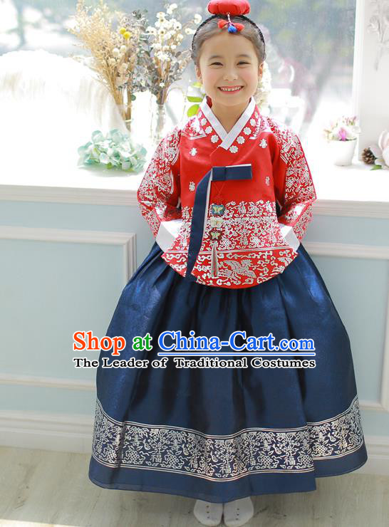 Asian Korean National Handmade Formal Occasions Embroidered Red Blouse and Blue Dress Hanbok Costume for Kids