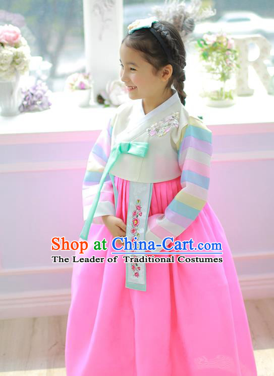 Asian Korean National Handmade Formal Occasions Embroidery Beige Blouse and Pink Dress Hanbok Costume for Kids