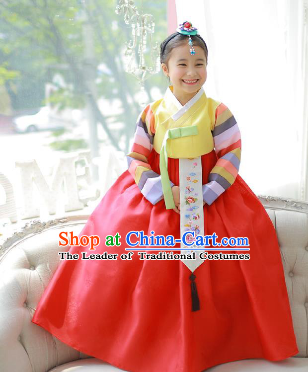 Asian Korean National Handmade Formal Occasions Embroidery Yellow Blouse and Red Dress Hanbok Costume for Kids