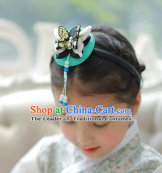 Korean National Hair Accessories Butterfly Blue Hair Clasp, Asian Korean Hanbok Fashion Headwear Headband for Kids