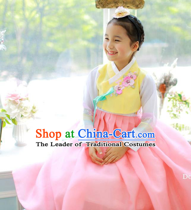 Asian Korean National Handmade Formal Occasions Embroidered Yellow Blouse and Pink Dress Palace Hanbok Costume for Kids