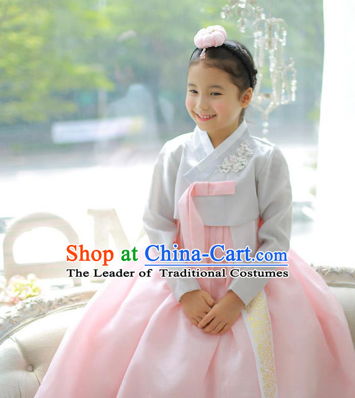 Asian Korean National Handmade Formal Occasions Embroidered Grey Blouse and Pink Dress Palace Hanbok Costume for Kids