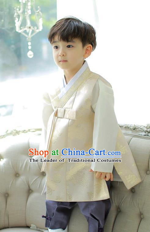 Asian Korean National Handmade Formal Occasions Embroidered Palace Prince Beige Hanbok Costume Complete Set for Boys