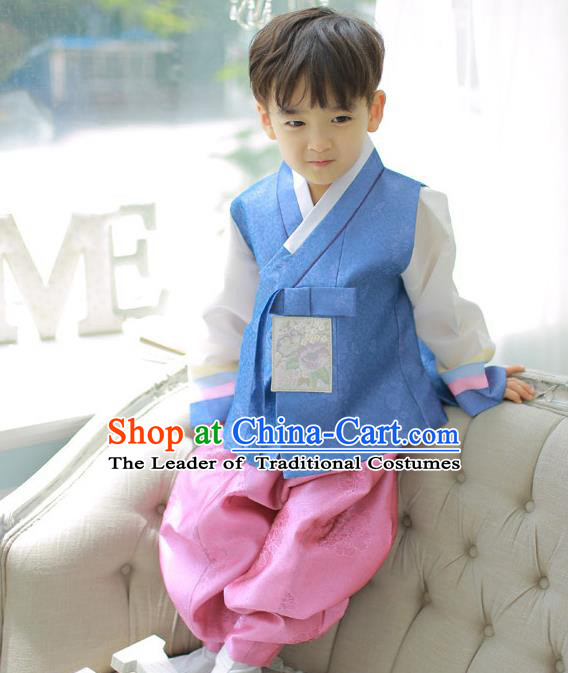 Asian Korean National Handmade Formal Occasions Embroidered Palace Prince Blue Hanbok Costume Complete Set for Boys