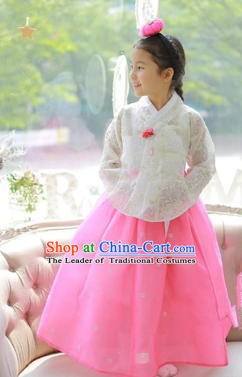 Asian Korean National Handmade Formal Occasions Embroidered White Lace Blouse and Pink Dress Palace Hanbok Costume for Kids