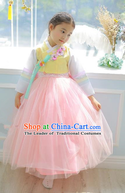 Asian Korean National Handmade Formal Occasions Embroidered Yellow Blouse and Pink Dress Palace Hanbok Costume for Kids