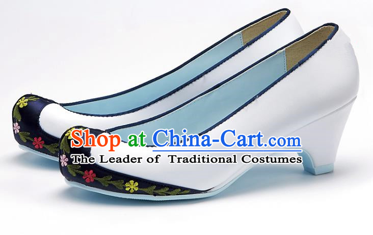 Traditional Korean National Wedding Blue Head Embroidered Shoes, Asian Korean Hanbok Bride Embroidery Satin High-heeled Shoes for Women