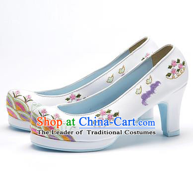 Traditional Korean National Wedding Embroidered Shoes, Asian Korean Hanbok Bride Embroidery White High-heeled Shoes for Women