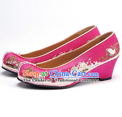 Traditional Korean National Wedding Shoes Embroidered Shoes, Asian Korean Hanbok Embroidery Rosy Bride Court Shoes for Women