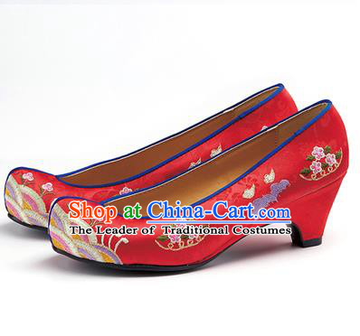 Traditional Korean National Wedding Shoes Embroidered Shoes, Asian Korean Hanbok Embroidery Red High-heeled Court Shoes for Women
