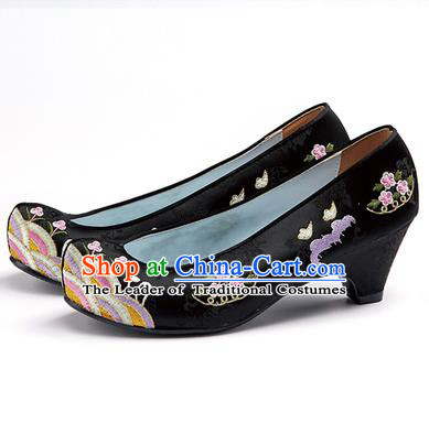 Traditional Korean National Wedding Shoes Embroidered Shoes, Asian Korean Hanbok Embroidery Black High-heeled Court Shoes for Women