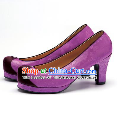 Traditional Korean National Wedding Shoes Purple Embroidered Shoes, Asian Korean Hanbok High-heeled Court Shoes for Women
