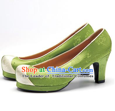 Traditional Korean National Wedding Shoes Green Embroidered Shoes, Asian Korean Hanbok High-heeled Court Shoes for Women