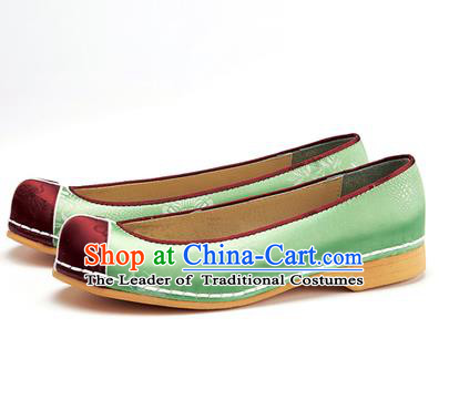 Traditional Korean National Wedding Shoes Green Embroidered Shoes, Asian Korean Hanbok Flat Shoes for Women